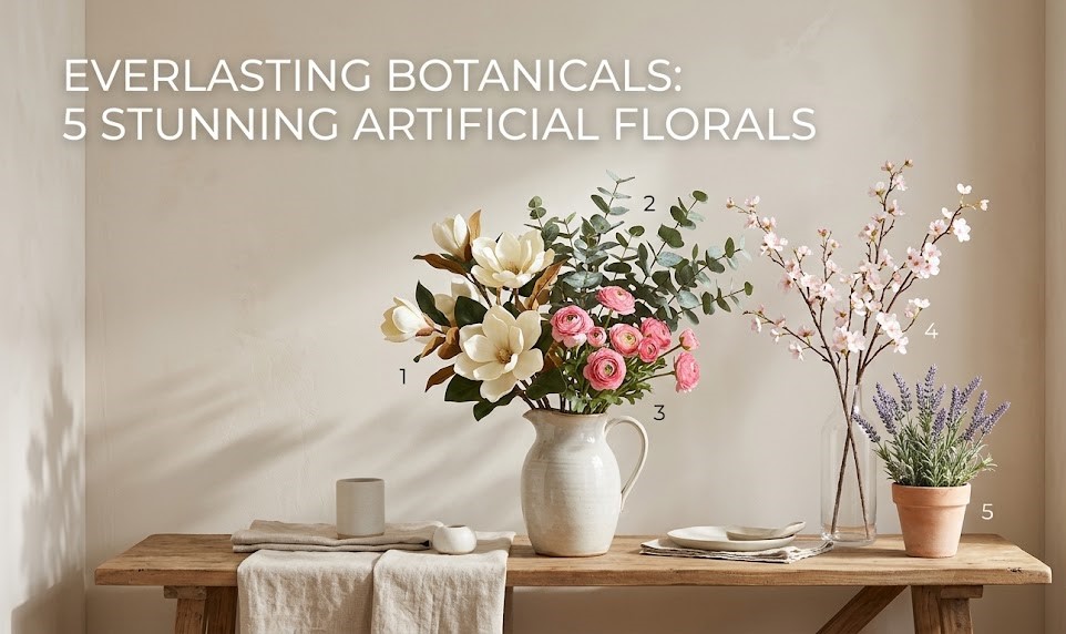 A highly curated interior space featuring a vibrant arrangement of lifelike artificial silk flowers resting in a sleek minimalist vase.