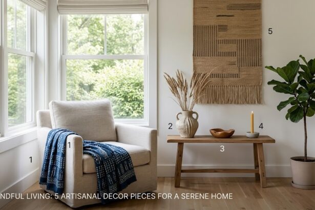 A digital mood board graphic showing a serene living space, highlighting the juxtaposition of a sharp geometric metal vase holding a soft, vibrant crochet flower bouquet.
