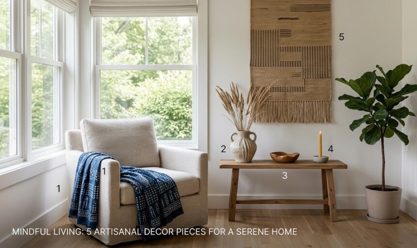 A digital mood board graphic showing a serene living space, highlighting the juxtaposition of a sharp geometric metal vase holding a soft, vibrant crochet flower bouquet.
