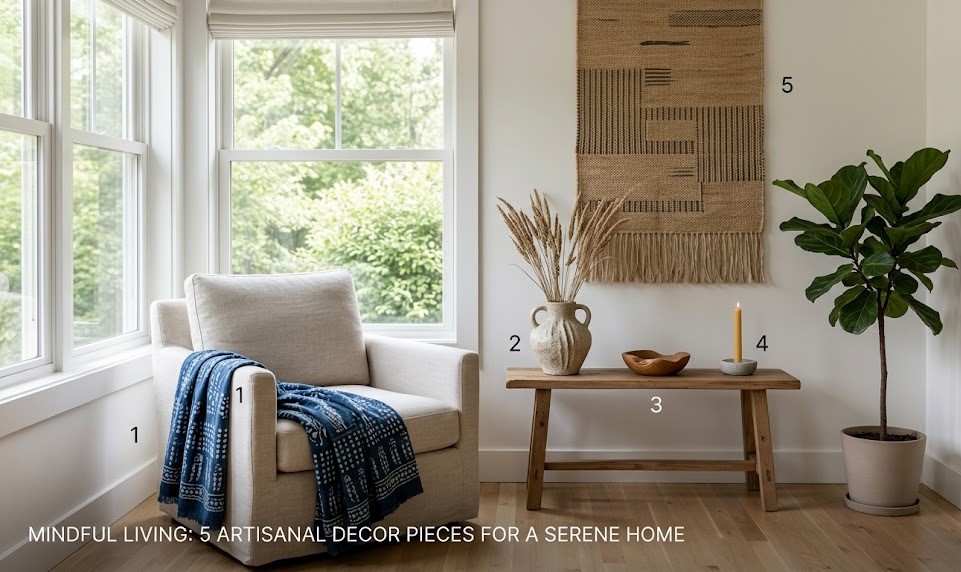 A digital mood board graphic showing a serene living space, highlighting the juxtaposition of a sharp geometric metal vase holding a soft, vibrant crochet flower bouquet.