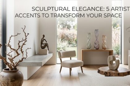 A beautifully curated entryway console table featuring a richly carved wooden elephant stool holding a cascading pothos plant, balanced by a pair of sleek golden reindeer catching the ambient light.