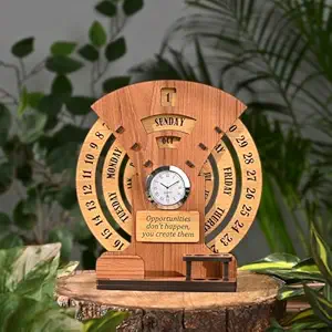 Wooden Desk Calendar 2026 with Clock