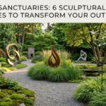A beautiful, serene outdoor garden path lined with lush green plants and an elegant stone pagoda statue casting a soft glow.