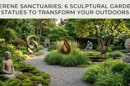 A beautiful, serene outdoor garden path lined with lush green plants and an elegant stone pagoda statue casting a soft glow.