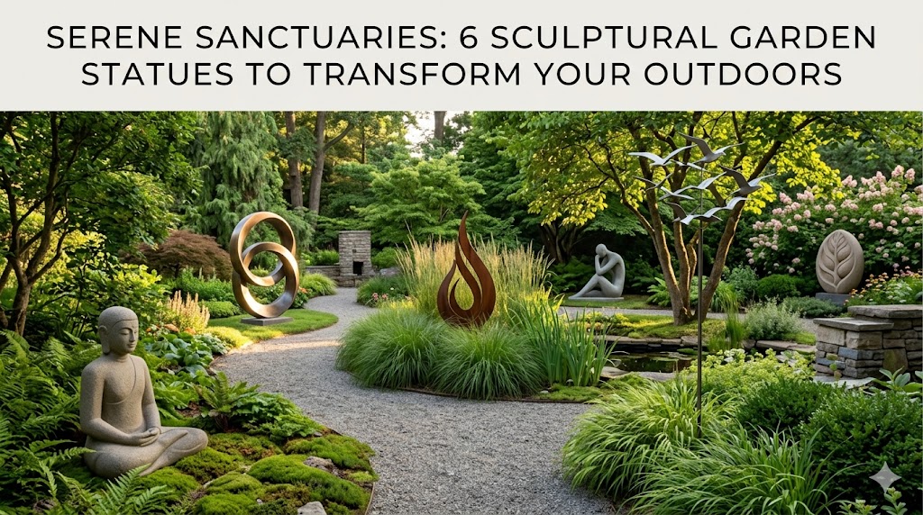 A beautiful, serene outdoor garden path lined with lush green plants and an elegant stone pagoda statue casting a soft glow.