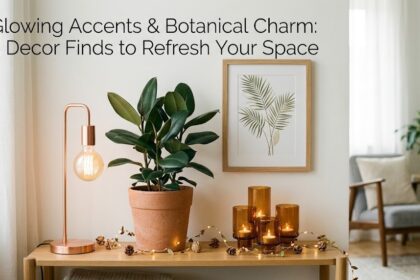 A cozy, beautifully styled room corner featuring ambient lighting from a warm table lamp alongside a minimalist potted plant on a wooden surface.