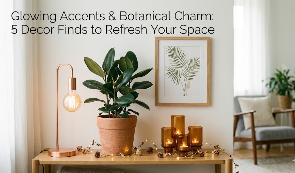 A cozy, beautifully styled room corner featuring ambient lighting from a warm table lamp alongside a minimalist potted plant on a wooden surface.