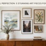 A curated gallery wall in a minimalist living room featuring a mix of framed canvas, glass panels, and floating art pieces.