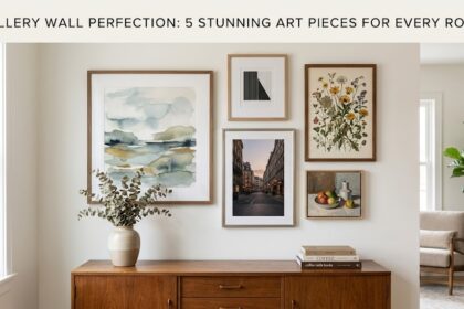 A curated gallery wall in a minimalist living room featuring a mix of framed canvas, glass panels, and floating art pieces.