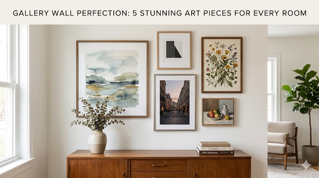 A curated gallery wall in a minimalist living room featuring a mix of framed canvas, glass panels, and floating art pieces.