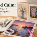 A curated collection of art supplies and craft kits, including a glittering diamond painting of a dolphin, displayed on a clean wooden desk with ambient sunlight.