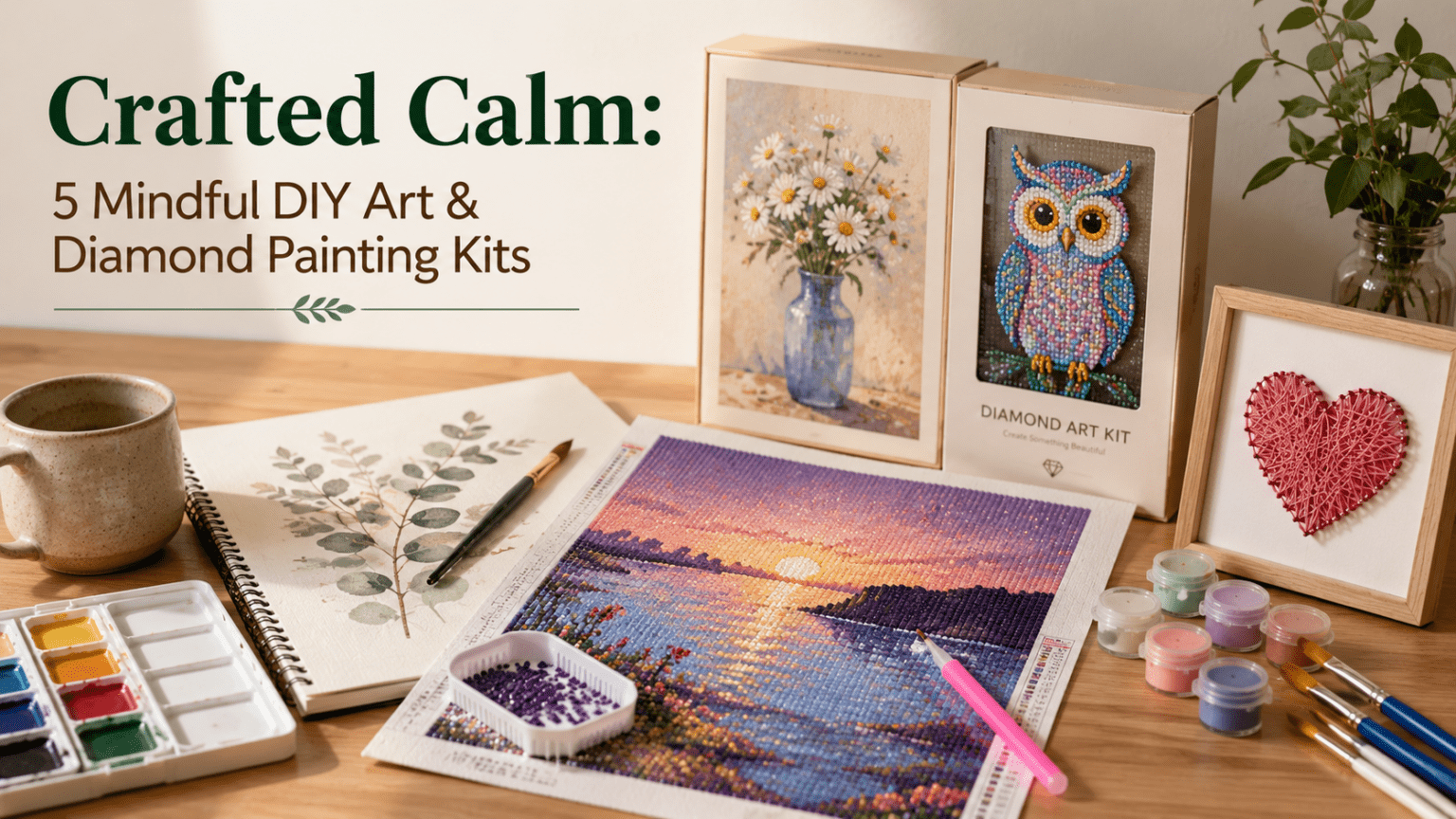 A curated collection of art supplies and craft kits, including a glittering diamond painting of a dolphin, displayed on a clean wooden desk with ambient sunlight.