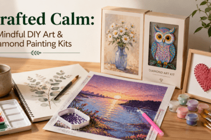 A curated collection of art supplies and craft kits, including a glittering diamond painting of a dolphin, displayed on a clean wooden desk with ambient sunlight.