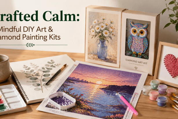 A curated collection of art supplies and craft kits, including a glittering diamond painting of a dolphin, displayed on a clean wooden desk with ambient sunlight.
