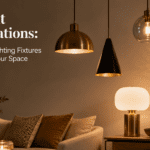 A modern living space showcasing a striking matte black hanging ceiling lamp suspended over a contemporary low-profile sectional sofa with ambient smart wall sconces glowing warmly in the background.