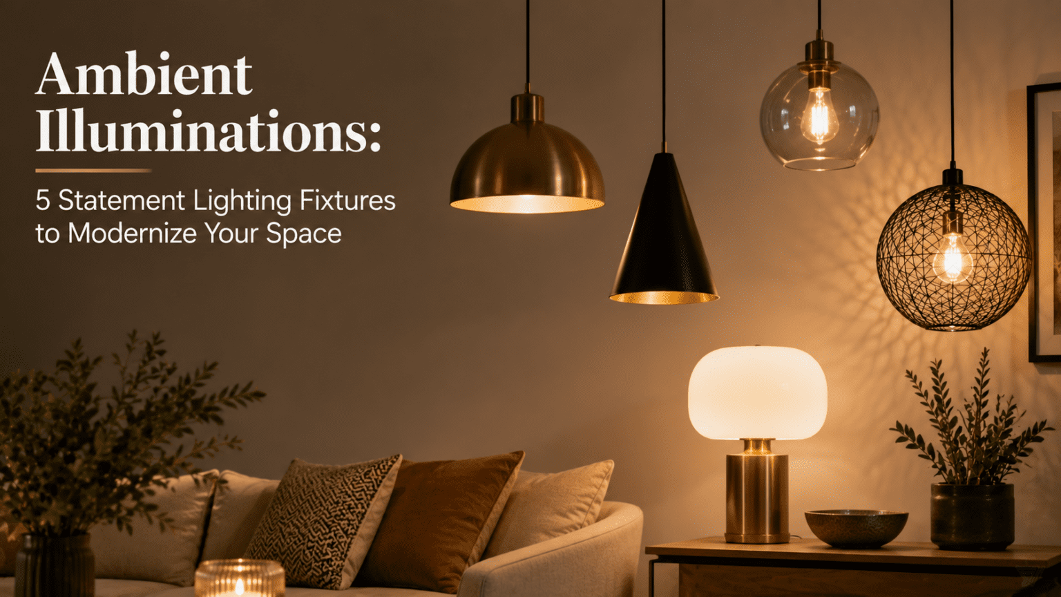 A modern living space showcasing a striking matte black hanging ceiling lamp suspended over a contemporary low-profile sectional sofa with ambient smart wall sconces glowing warmly in the background.