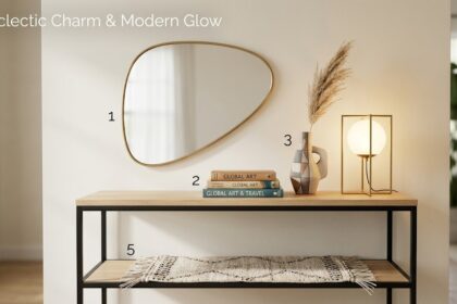 A perfectly styled shelf featuring a glowing crystal lamp, a colorful rickshaw miniature, and a wooden test tube planter with plant cuttings.