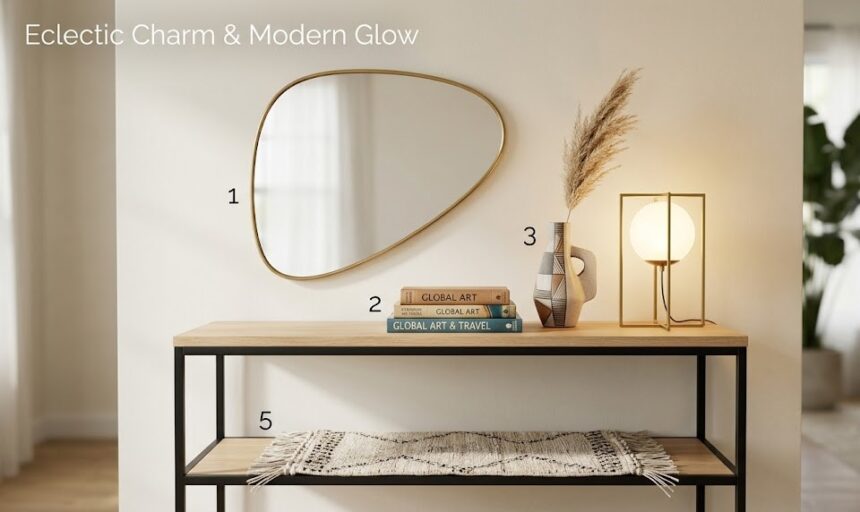 A perfectly styled shelf featuring a glowing crystal lamp, a colorful rickshaw miniature, and a wooden test tube planter with plant cuttings.