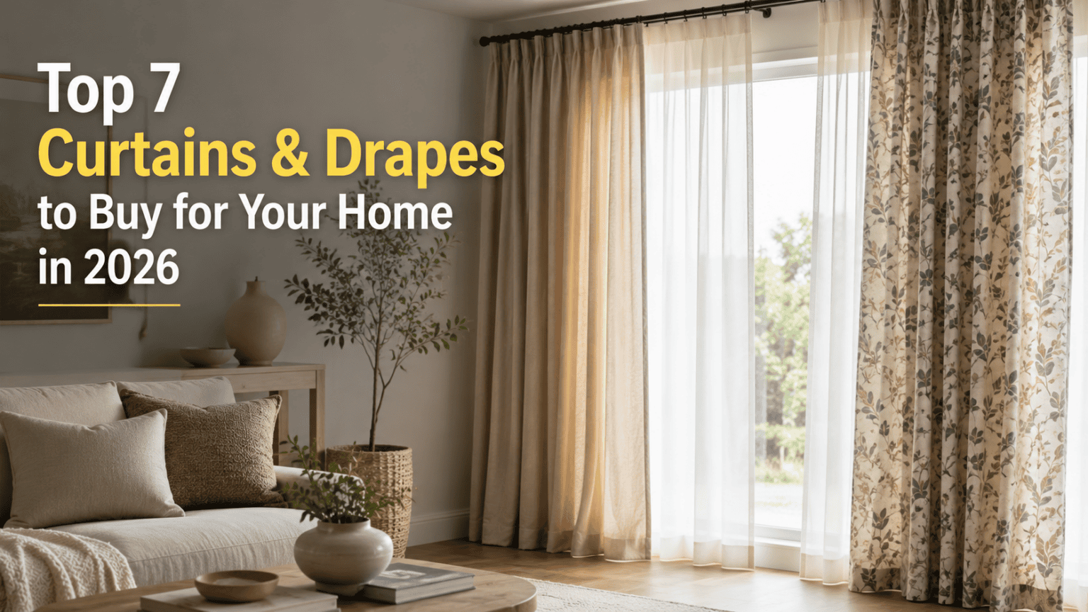 A beautifully styled living room featuring elegant floor-to-ceiling natural linen drapes letting in soft natural light.