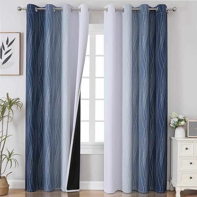 Navy Blue and Greyish White Curtains
