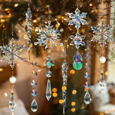 Iridescent Acrylic Snowflake Icicle Drop Crystal Hanging Ornaments for Christmas Tree