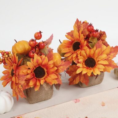 Fake Fall Potted Potted Plants with Artificial Pumpkin Sunflower and Maple Leaf