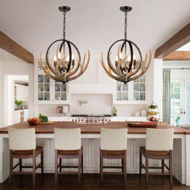 Rustic Farmhouse Chandelier with Resin 4 Antlers and Retro Metal Globe